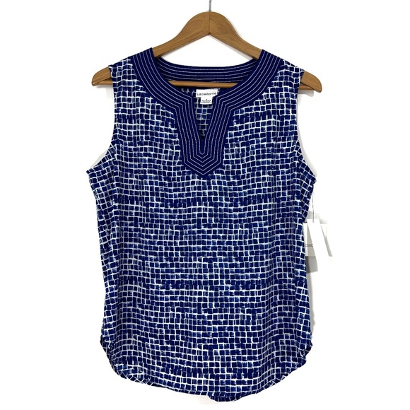 Liz Claiborne Women’s Size Medium Apollo Blue Multi Sleeveless Square Print Top - Picture 1 of 6